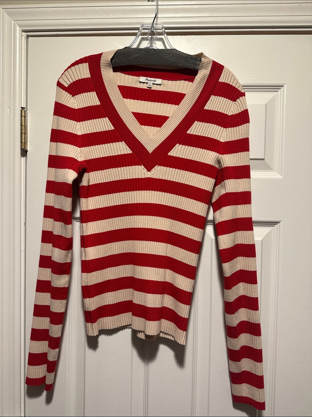 Madewell Red and Cream Striped V-Neck Ribbed Sweater
